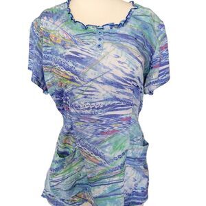 Elan by Barco Blue & Green FeminineCinched Waist  Scrub Top M
